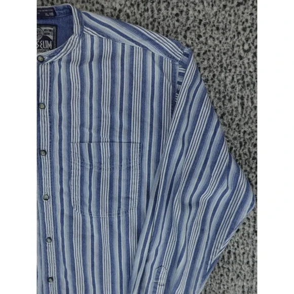 Coliseum Mens XL Blue White Striped Band Collar Long Sleeve Cotton Button Shirt